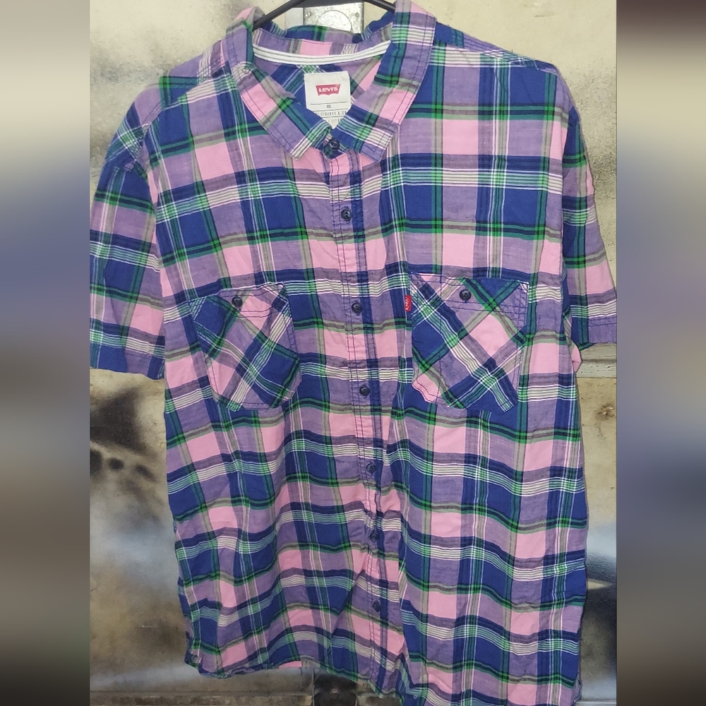 Levi's Blue Pink Cotton Short Sleeve Button Front Polo Size XXL